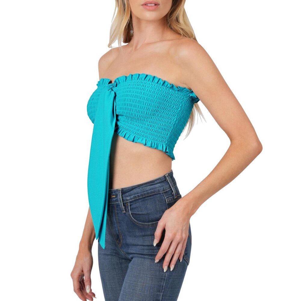 5180 ZENANA Ice Blue French Terry Smocked Tube Top w Front Tie